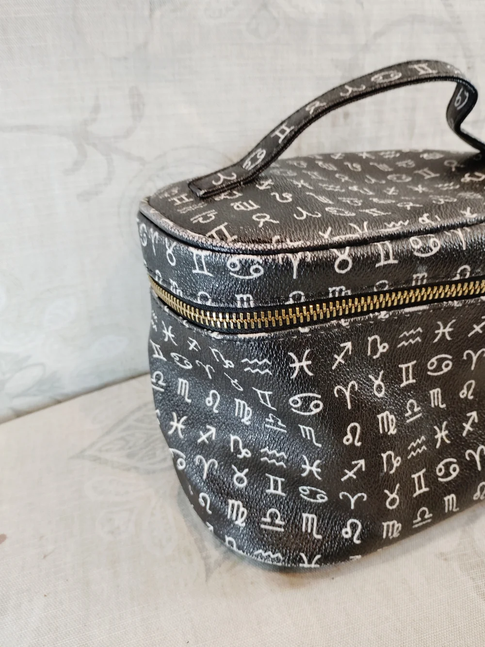 Black Zodiac-Print Cosmetic Travel Case with Top Handle